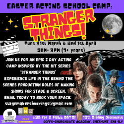 Photo of STAGE MAKERS ACADEMY- STRANGER THINGS CAMP ON TUESDAY 31ST MARCH & WEDNESDAY 1ST APRIL!  (AGES 7+) 